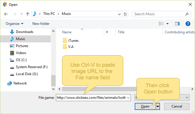 Paste the image link URL to the File name field and click Open